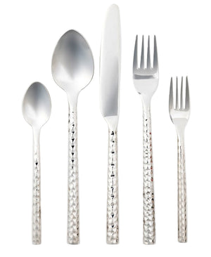 The Annella 5 Piece Flatware Set by Blue Pheasant features vertically arranged hammered stainless steel pieces—including a knife, two forks, and two spoons—with textured handles, all displayed on a white background.