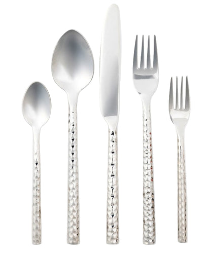 The Annella 5 Piece Flatware Set by Blue Pheasant features vertically arranged hammered stainless steel pieces—including a knife, two forks, and two spoons—with textured handles, all displayed on a white background.