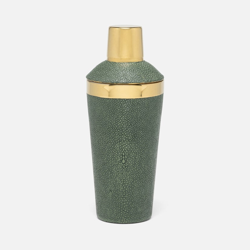 The Langston Bar Collection cocktail shaker by Blue Pheasant features a green textured design with gold accents, standing upright against a white background—an elegant addition to your bar essentials.