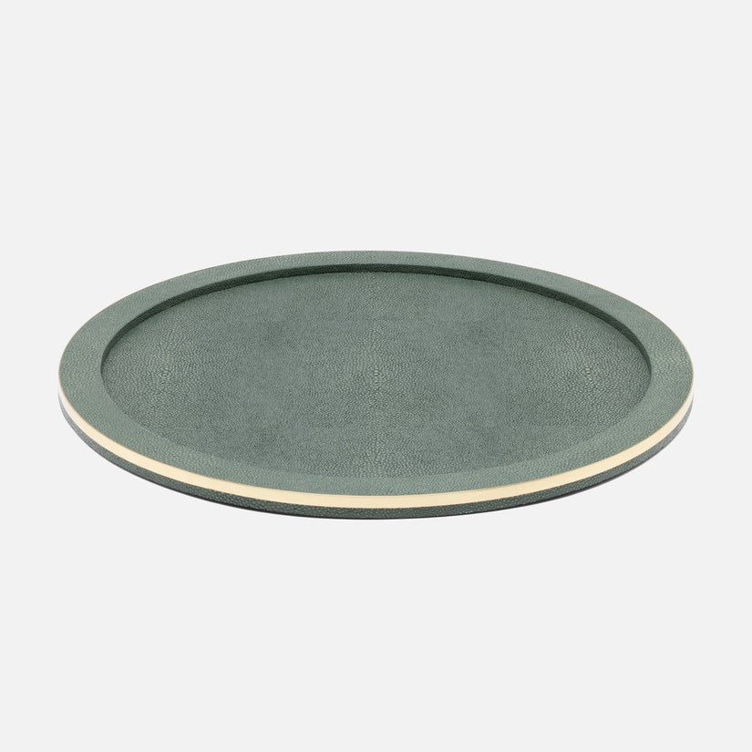 The Langston Bar Collection serving tray by Blue Pheasant features a round, flat green design with a raised edge and subtle light trim—perfect for organizing bar essentials or pairing with an ice bucket—shown on a plain white background.