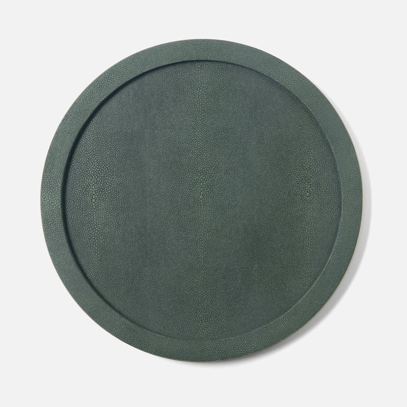 The Langston Bar Collection by Blue Pheasant features a round, dark green tray with a textured surface and raised edge—ideal for displaying barware like an ice bucket or shaker. Shown here on a light gray background.