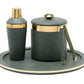 The Langston Bar Collection by Blue Pheasant includes a green and gold cocktail shaker, ice bucket with lid and tongs, plus a matching round tray—stylish bar essentials for your home.