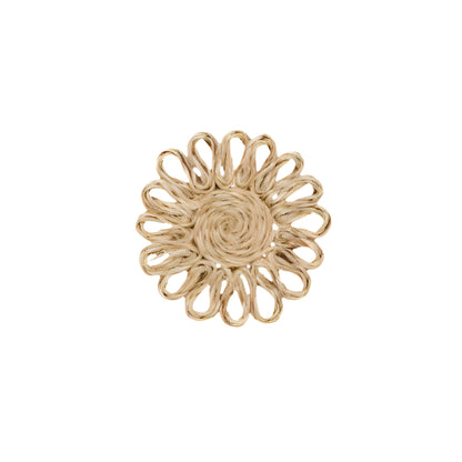 The Teigan Natural Floral Coaster Set by Blue Pheasant features round, beige rattan coasters with looped, flower-like edges, resembling handcrafted abaca pieces and shown against a white background.