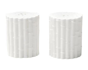 The Daphne Salt and Pepper Shaker Set by Blue Pheasant features a white porcelain design with textured, bamboo-inspired vertical stripes.