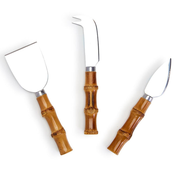 The Two's Company Bamboo Cheese Knife Set features bamboo-handled knives with three blade shapes: flat, fork-tipped, and spear-pointed, perfect for your cheese serving needs.