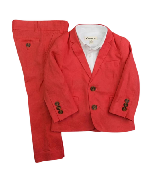 A red Appaman Boy Mod Suit, 2pc with a blazer and matching trousers laid out on a white background, sized according to the European Size Chart.