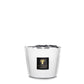 A white Baobab Collection Les Prestigieuses Pierre De Lune candle with a black logo and a black ribbon, isolated on a plain background.