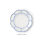 A round salad or dessert plate from the Melamine Bamboo Dinnerware Collection by Two's Company, crafted from shatter-resistant melamine with a translucent scalloped blue rim, displayed on a white background.