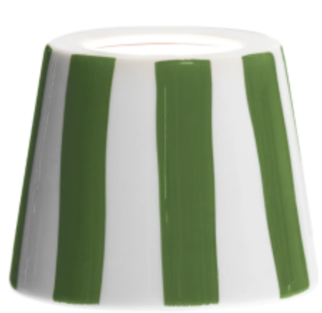 The Poldina Lido Shade Collection by Zafferano America features a handmade ceramic shade with vertical green and white stripes, a wide base, and a narrow open top—ideal for your Poldina Pro lamp.