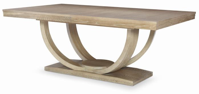 The Omni Large Rectangular Dining Table by Century Furniture features a flat top and unique curved base in blonde cerused oak—a sophisticated centerpiece for modern dining spaces.