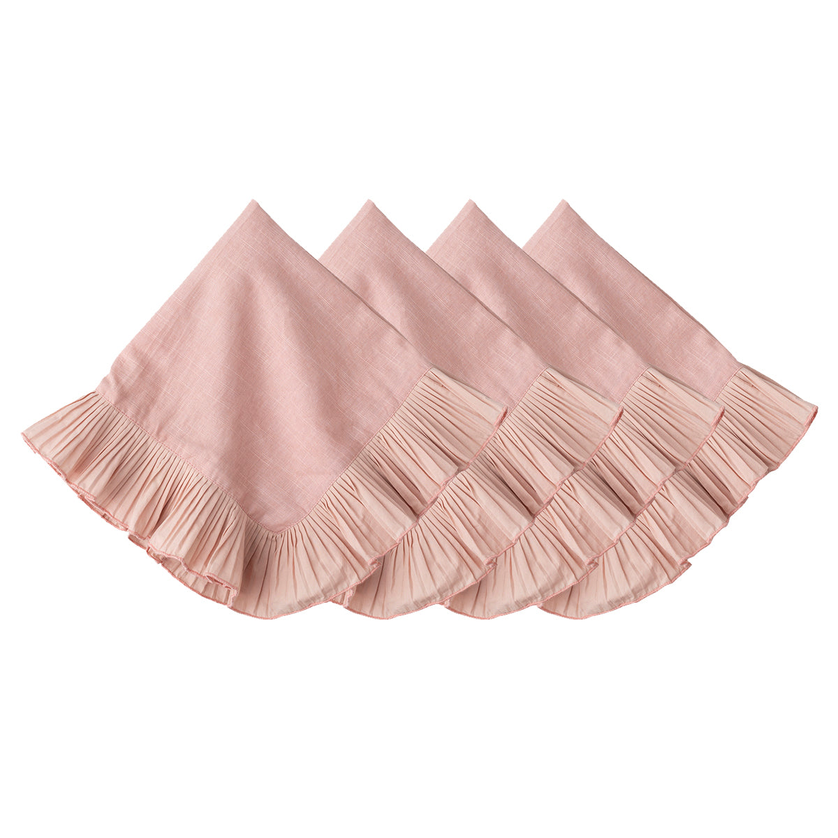 The Juliska Mademoiselle Napkin Set includes four light pink napkins with knife-pleat ruffle borders, neatly folded in a row—ideal for adding romance to your tablescape.