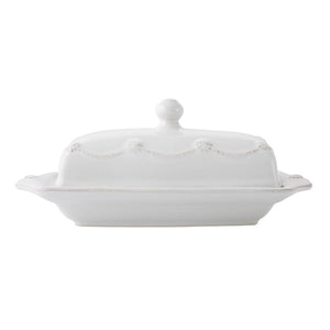 The Juliska Berry & Thread Classic Whitewash Butter Dish features a decorative lid with a small handle, shown against a plain background.