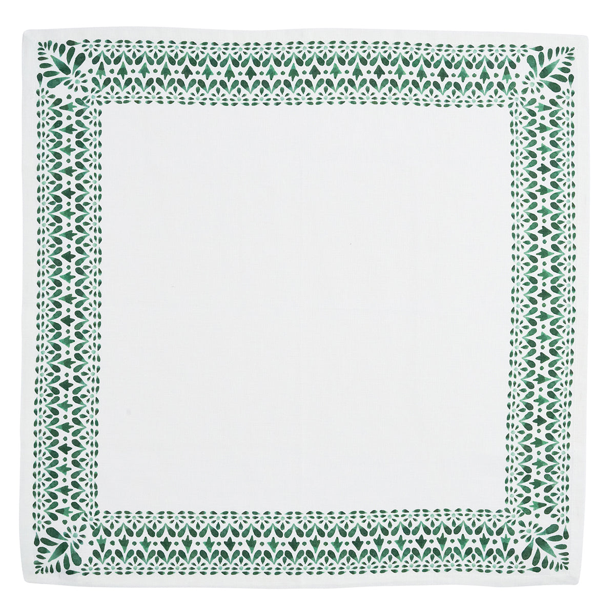 Elevate your table settings with the Iberian Evergreen Border Napkin Set from Juliska—a white square linen napkin featuring a green decorative geometric border inspired by classic Iberian motifs.