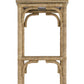 The Olisa Etagere by Currey and Company features a woven rattan finish, arched supports, and a lower shelf, bringing natural elegance and extra storage to your space.