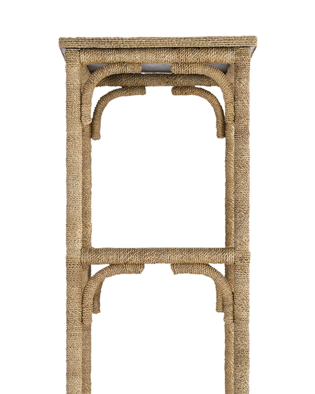 The Olisa Etagere by Currey and Company features a woven rattan finish, arched supports, and a lower shelf, bringing natural elegance and extra storage to your space.