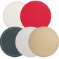 Five round felt coasters from the Kim Seybert Starry Night Placemat Collection, in red, white, gray, gold, and off-white with metallic trim, are arranged in an overlapping pattern on a white background.