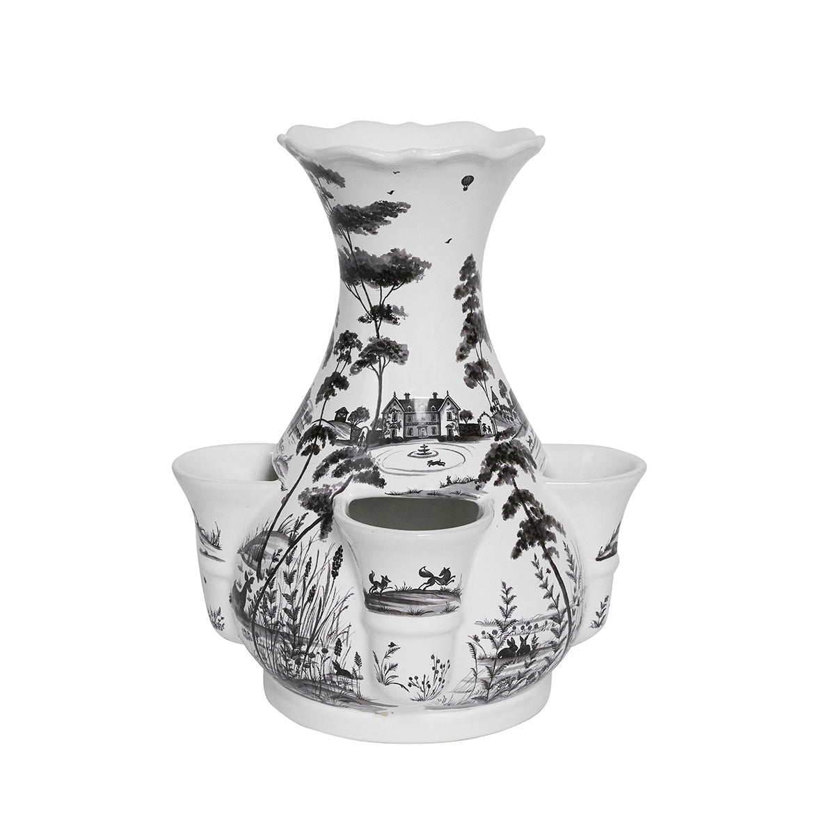 The Flint Grey Country Estate Tulipiere Vase by Juliska features multiple openings and is adorned with black pastoral scenes, offering a charming floral display inspired by classic country estates.