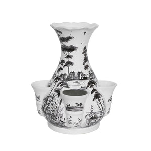 The Flint Grey Country Estate Tulipiere Vase by Juliska features multiple openings and is adorned with black pastoral scenes, offering a charming floral display inspired by classic country estates.