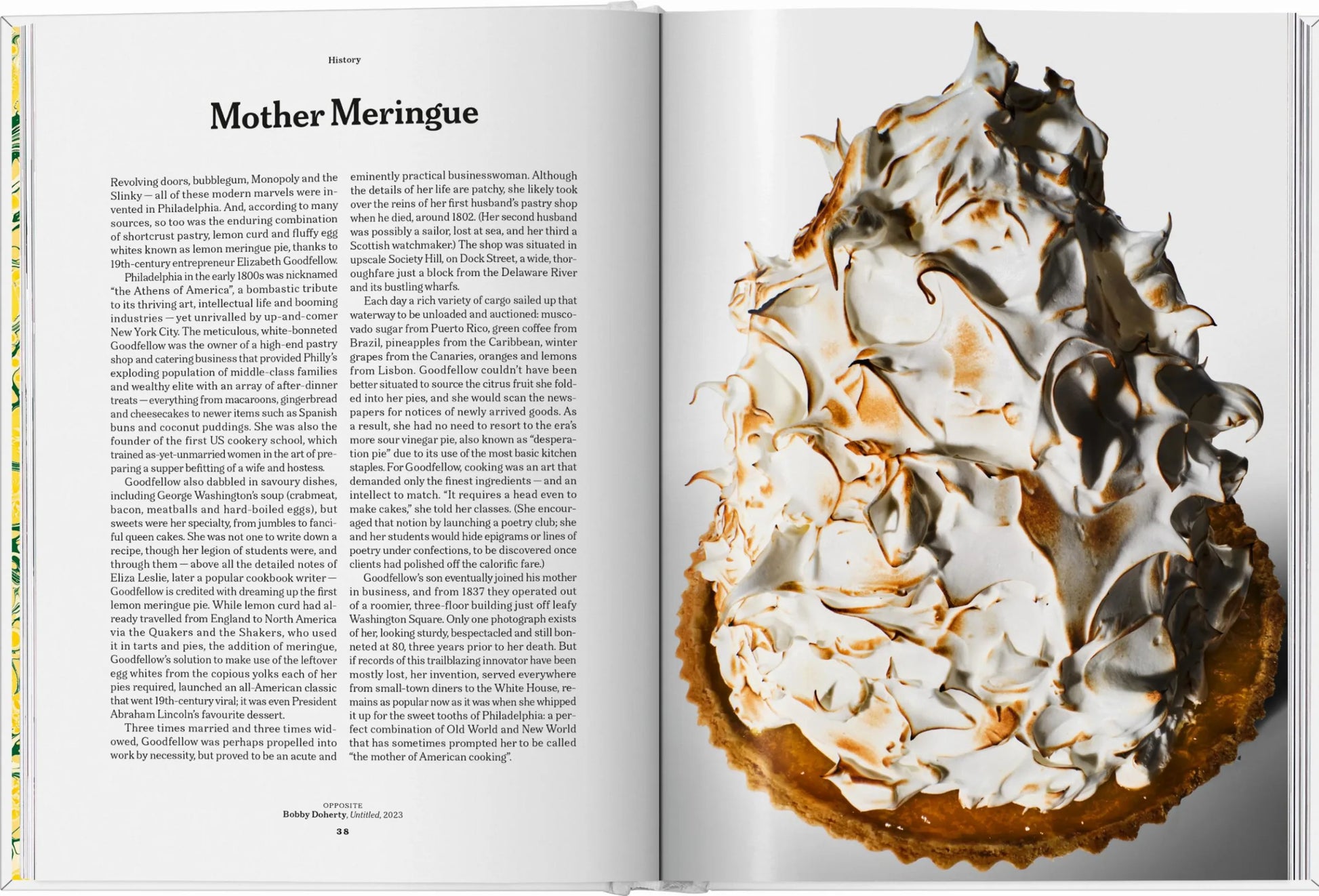 A baked lemon pie with swirled, browned meringue appears beside "Mother Meringue" in Taschen’s The Gourmand's Lemon: A Collection of Stories and Recipes, showcasing food and art.