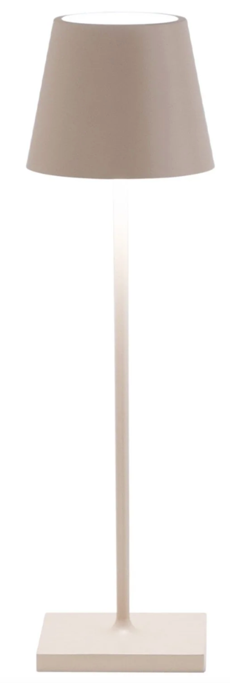 The Zafferano America Poldina Pro Lamp Collection features a beige floor lamp with a cone-shaped shade, straight pole, rectangular base, and cordless illumination, shown against a white background.