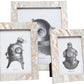 The Aurora Frame Collection by Pigeon & Poodle features three iridescent shell frames displaying black and white vintage diving helmet illustrations, bringing ocean-inspired elegance to your décor.