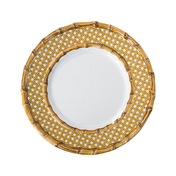 The Juliska Bamboo Caning Melamine Dinnerware Collection features a white plate with a bamboo-patterned rim, crafted from shatterproof melamine for durability. Plate is shown from above on a plain white background.