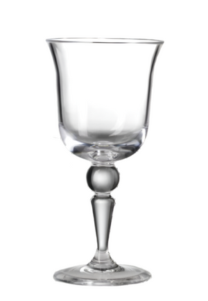 The St Moritz Acrylic Drinkware Collection by Mario Luca Giusti features a clear glass goblet with a decorative stem, ideal for elevating your outdoor tablescape against a plain white background.