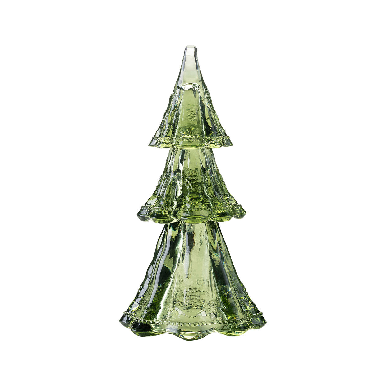 The Juliska Berry & Thread Evergreen Tree Collection features a green glass Christmas tree ornament with textured detail, ideal for holiday table decor. Shown on a white background.