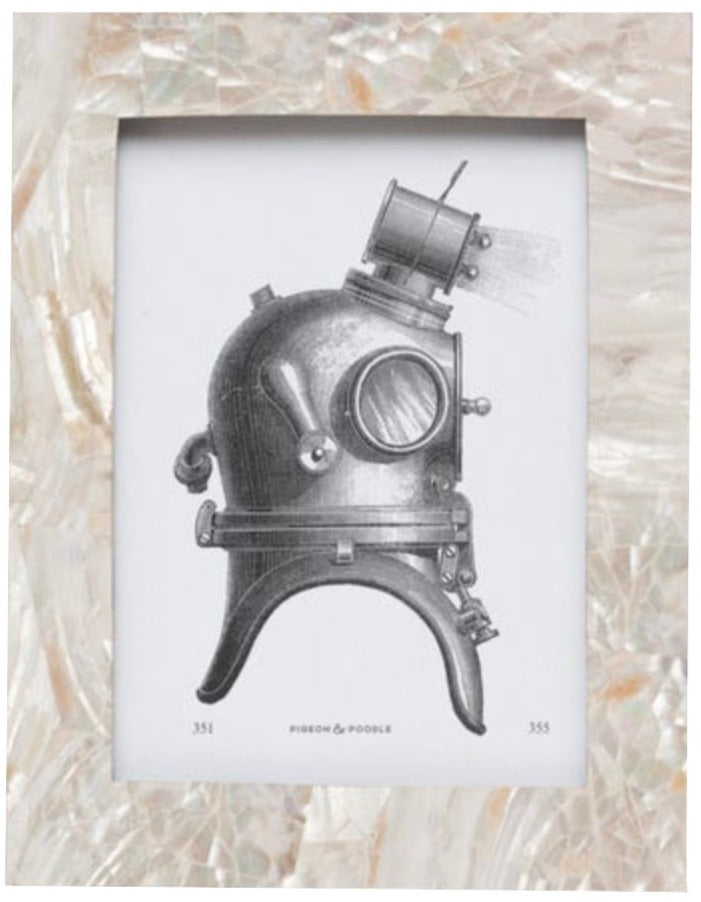 A black and white illustration of a vintage diving helmet is centered on white, framed by an iridescent kabibe-inspired border from the Aurora Frame Collection by Pigeon & Poodle.