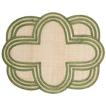 The Juliska Scallop Stripe Placemat Collection features a beige placemat with a symmetrical scalloped edge, green border accents, and a subtle quatrefoil pattern—ideal for sophisticated table settings.