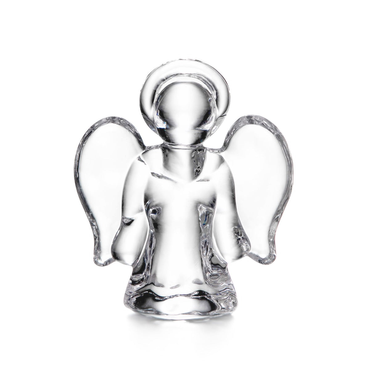 The Simon Pearce Angel Collection features handmade glass ornaments with clear figurines, delicate wings, and halos, crafted by skilled artisans and designed to stand upright on a white background.