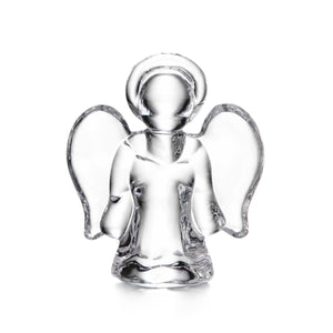 The Simon Pearce Angel Collection features handmade glass ornaments with clear figurines, delicate wings, and halos, crafted by skilled artisans and designed to stand upright on a white background.