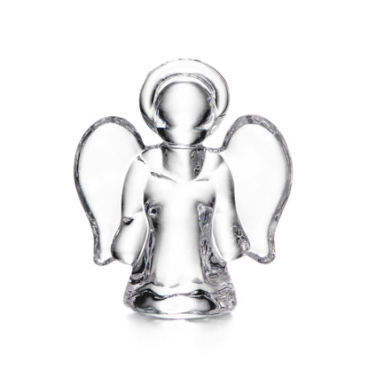 The Simon Pearce Angel Collection features handmade glass ornaments with clear figurines, delicate wings, and halos, crafted by skilled artisans and designed to stand upright on a white background.