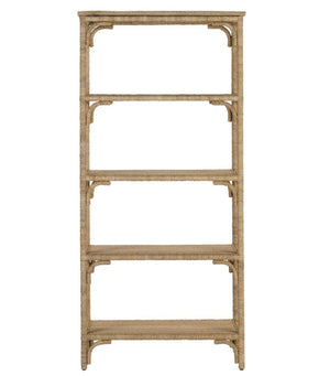 The Olisa Etagere by Currey and Company is a tall, rectangular bookcase with four shelves, crafted from light wood and featuring decorative corner brackets for a touch of natural elegance in any room.