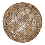The Le Panier Placemat by Juliska is a round handwoven placemat crafted from natural fibers, featuring a lattice pattern with two braided borders, shown from above against a white background.