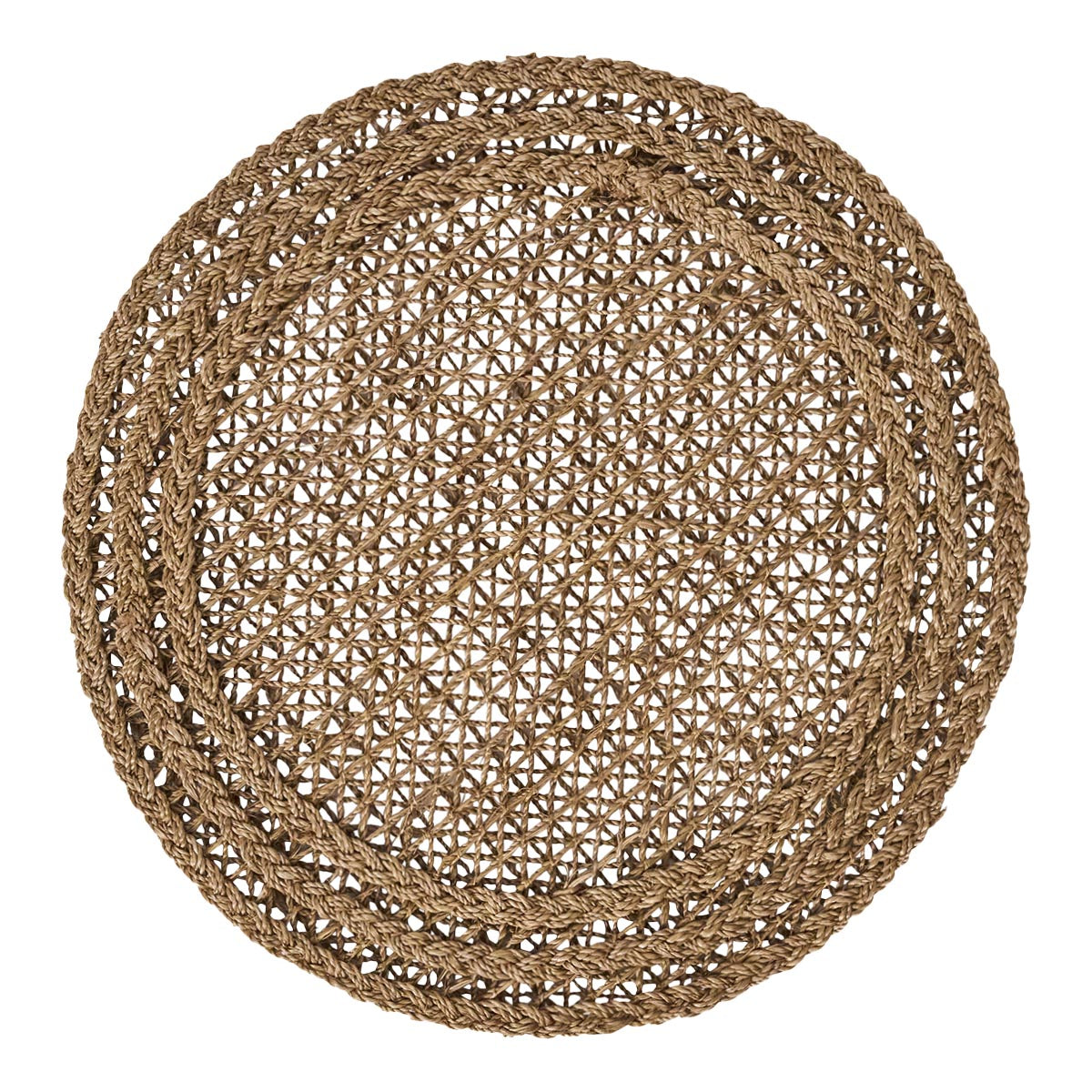 The Le Panier Placemat by Juliska is a round handwoven placemat crafted from natural fibers, featuring a lattice pattern with two braided borders, shown from above against a white background.