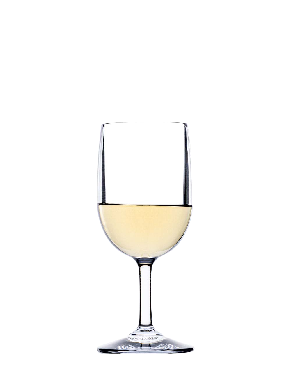 A Revel Acrylic Drinkware Collection wine glass by Bold, filled halfway with white wine against a plain backdrop, highlights elegant and durable construction.