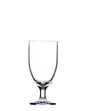 A clear, empty stemmed glass from the Revel Acrylic Drinkware Collection by Bold sits centered on a plain white background, showcasing refined elegance.