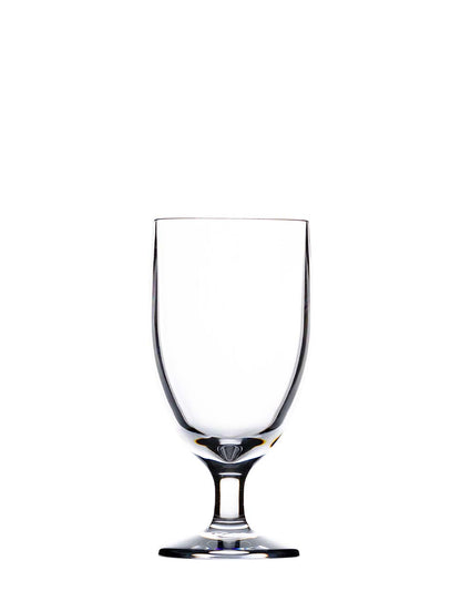 A clear, empty stemmed glass from the Revel Acrylic Drinkware Collection by Bold sits centered on a plain white background, showcasing refined elegance.