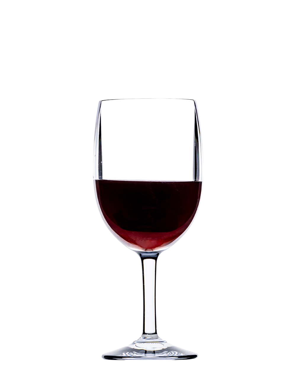 A Revel Acrylic wine glass by Bold, half-filled with red wine and made from premium acrylic, is displayed against a plain white background.