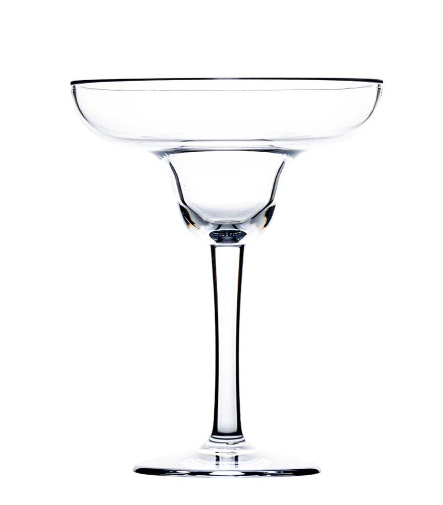 The Bold Calypso Acrylic Drinkware Collection features a clear margarita glass with a wide, shallow bowl and long stem—ideal for island-inspired cocktails. Shown on a white background.