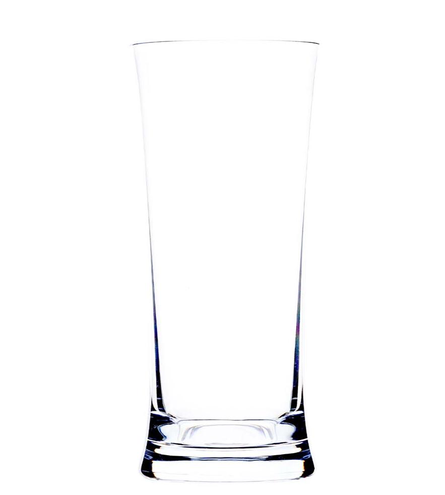 A tall, empty, clear glass from the Reef Acrylic Drinkware Collection by Bold is shown against a white background, featuring a slightly flared rim and thick base. Crafted from premium acrylic for modern style and exceptional durability.