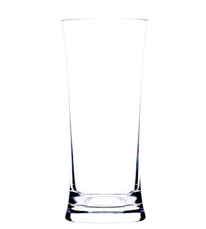 A tall, empty, clear glass from the Reef Acrylic Drinkware Collection by Bold is shown against a white background, featuring a slightly flared rim and thick base. Crafted from premium acrylic for modern style and exceptional durability.