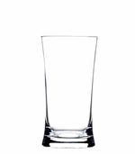 A clear, empty tall glass from the Reef Acrylic Drinkware Collection by Bold is centered on a plain white background, showcasing its modern and stylish design.