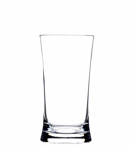 A clear, empty tall glass from the Reef Acrylic Drinkware Collection by Bold is centered on a plain white background, showcasing its modern and stylish design.