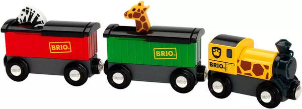 BRIO World Safari Train from Brio World, with a red, green and giraffe spotted cargo carts with a zebra and giraffe in the carts..
