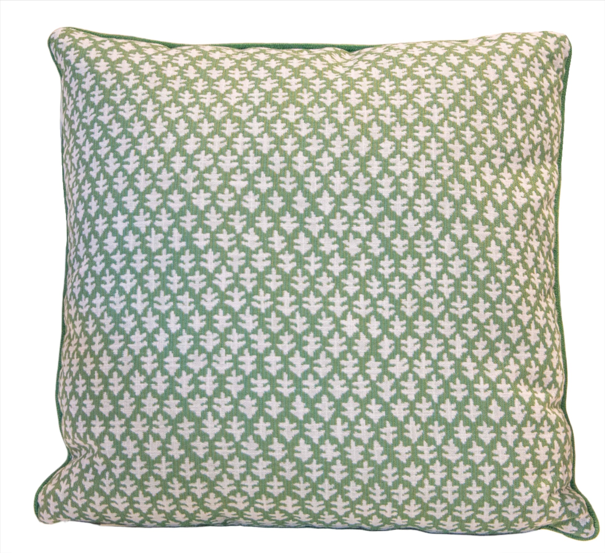 The Burma Meadow Outdoor Pillow by Hive Custom Pillows is a 22" x 22" square cushion with a green background and white leaf pattern, perfect for adding style to your patio or as a custom accent for your garden seating.