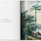 An open book displaying a colorful illustration of a 19th-century botany exploration in the Amazonian journey on the right page and text on palm trees classification on the left page, The Book of Palms by Taschen.