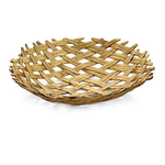 The Michael Aram Palm Centerpiece Shallow Bowl is a round bowl with sculpted textures, crafted from interwoven light brown wooden strips, shown against a white background.