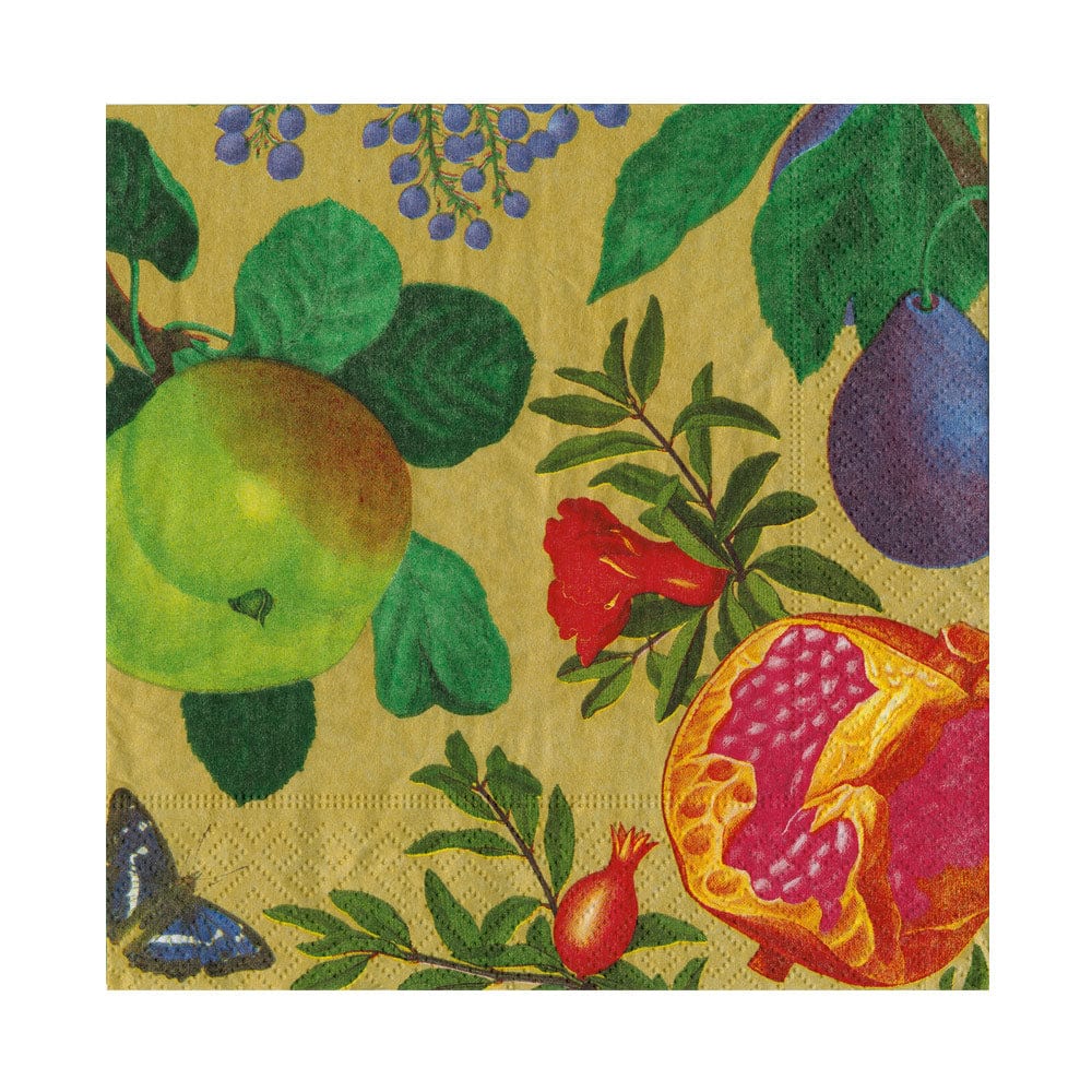 Add a touch of elegance to your table with Caspari’s Royal Orchid Gold Collection napkin, featuring green apple, pomegranate, plum, leaves, a red flower, and blue butterfly on yellow—ideal for brightening parties or gatherings.